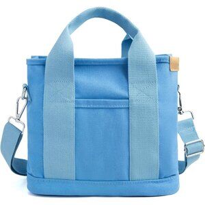 Women's Light Blue Canvas Tote Bag With Multi Pockets Shoulder Bags With Zipper